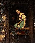 johan, Ung kvinna i fonster med stickning och katt